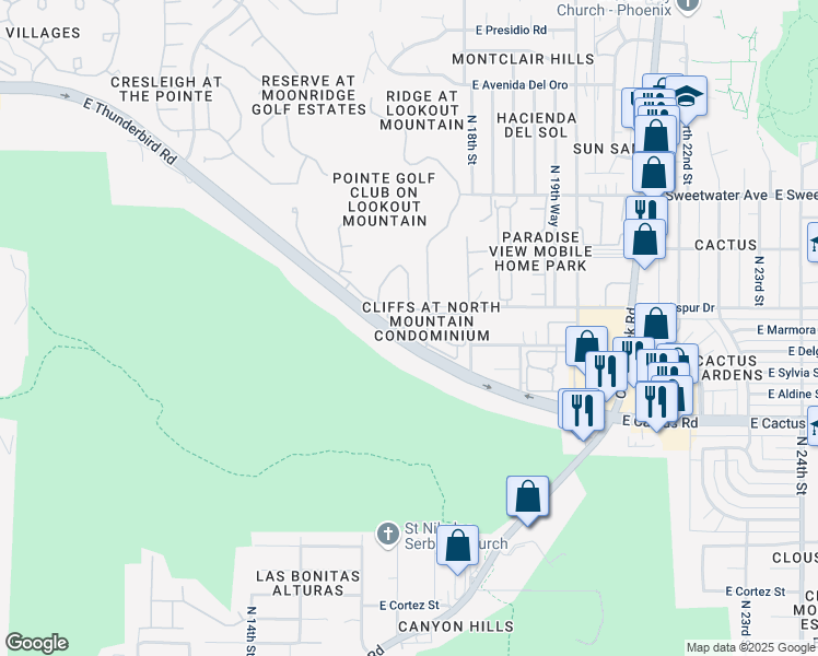 map of restaurants, bars, coffee shops, grocery stores, and more near 1720 East Thunderbird Road in Phoenix