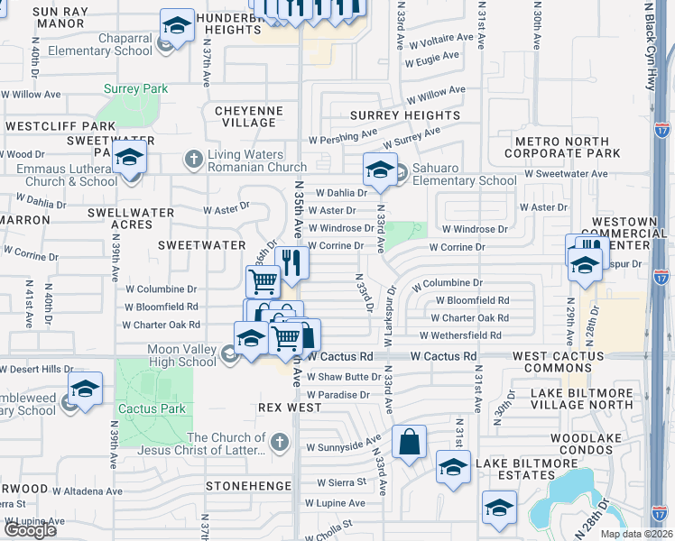map of restaurants, bars, coffee shops, grocery stores, and more near 3417 West Rosewood Avenue in Phoenix