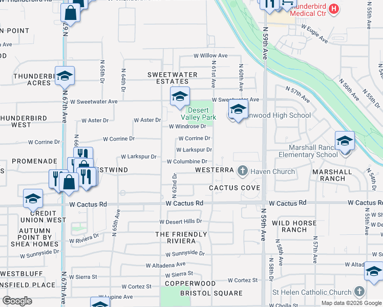 map of restaurants, bars, coffee shops, grocery stores, and more near 6209 West Larkspur Drive in Glendale
