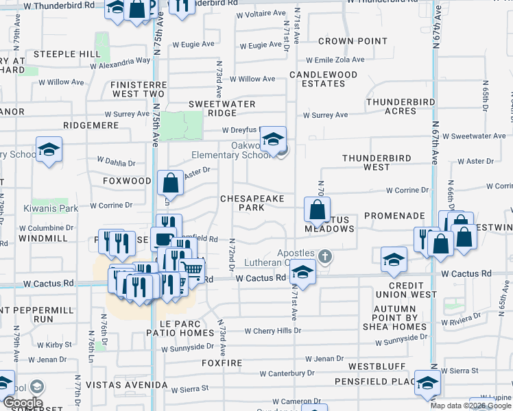 map of restaurants, bars, coffee shops, grocery stores, and more near in Peoria