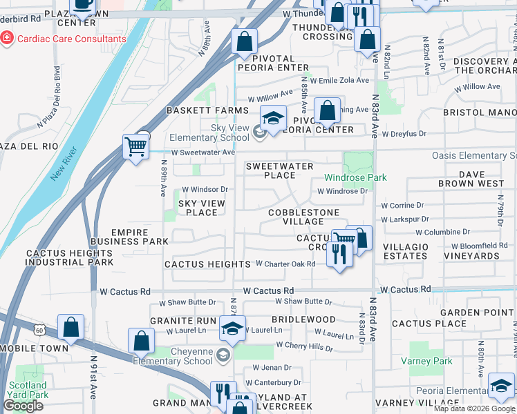 map of restaurants, bars, coffee shops, grocery stores, and more near 8628 North 86th Drive in Peoria