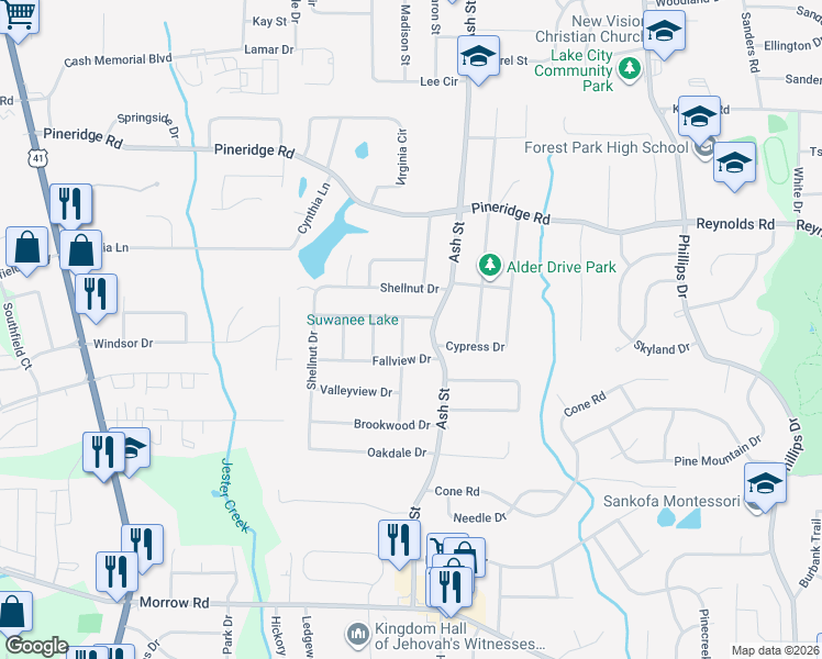 map of restaurants, bars, coffee shops, grocery stores, and more near 5648 Kite Drive in Forest Park