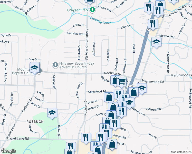 map of restaurants, bars, coffee shops, grocery stores, and more near 413 Roebuck Drive in Birmingham