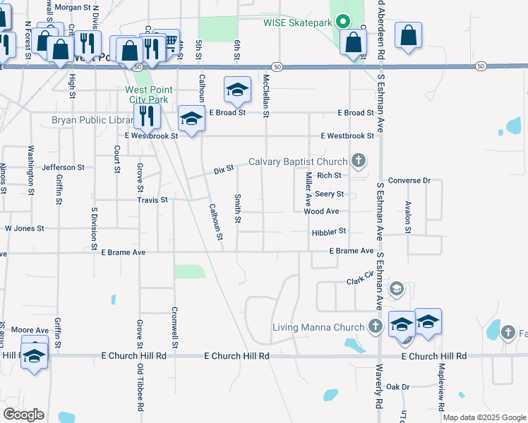 map of restaurants, bars, coffee shops, grocery stores, and more near 128 Wood Avenue in West Point