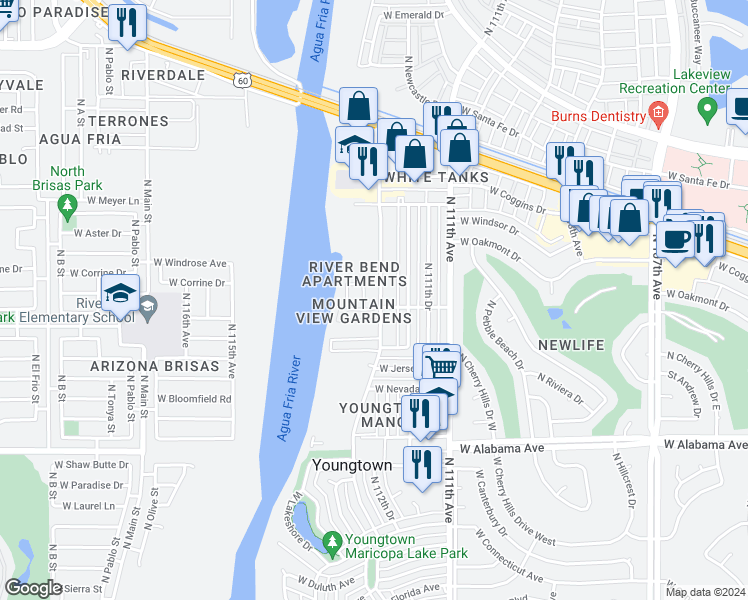 map of restaurants, bars, coffee shops, grocery stores, and more near 12636 North 113th Avenue in Youngtown