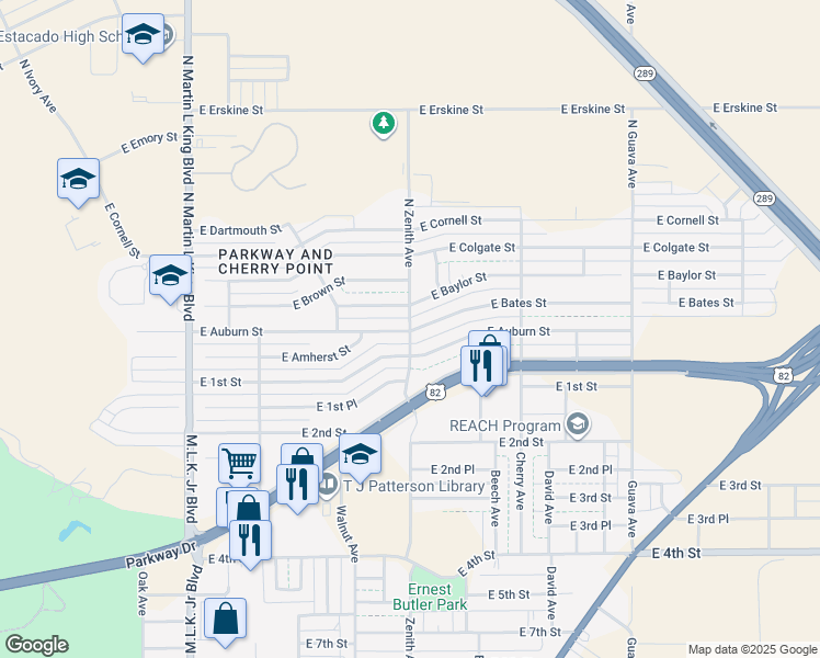 map of restaurants, bars, coffee shops, grocery stores, and more near 2601 East Bates Street in Lubbock