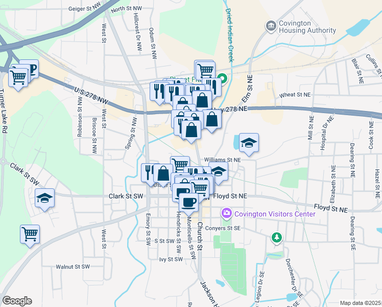 map of restaurants, bars, coffee shops, grocery stores, and more near 2101 Pace Street in Covington