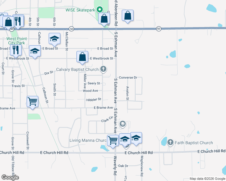map of restaurants, bars, coffee shops, grocery stores, and more near 1199 Snyder Street in West Point
