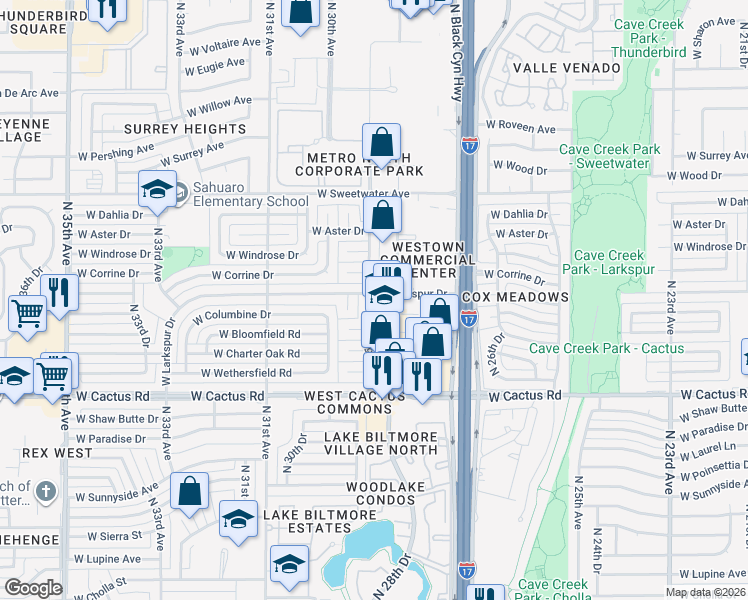 map of restaurants, bars, coffee shops, grocery stores, and more near 12453 North 29th Avenue in Phoenix