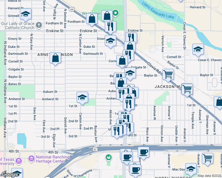 map of restaurants, bars, coffee shops, grocery stores, and more near 2602 Auburn Street in Lubbock