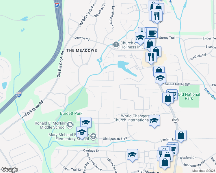 map of restaurants, bars, coffee shops, grocery stores, and more near 2969 Falling Water Point in Atlanta