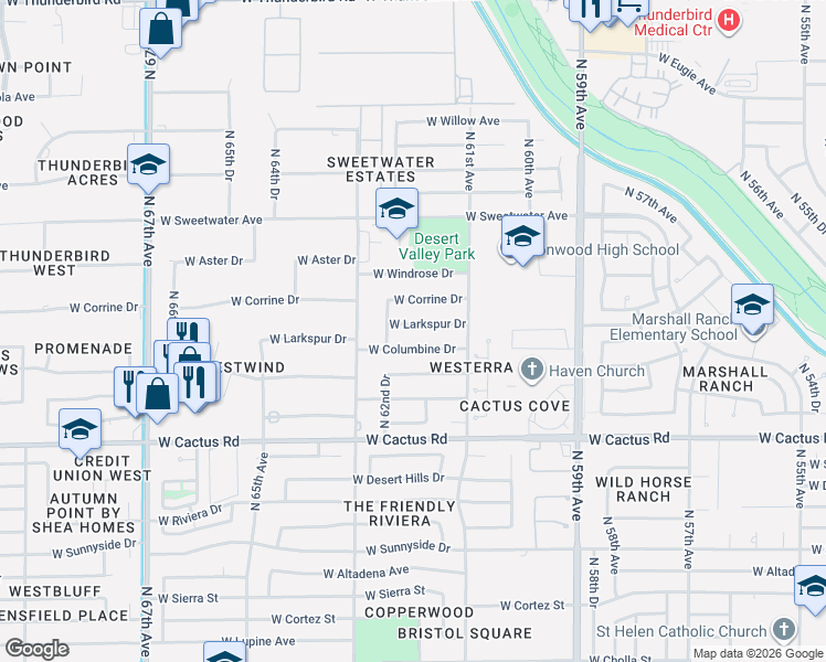 map of restaurants, bars, coffee shops, grocery stores, and more near 6209 West Larkspur Drive in Glendale