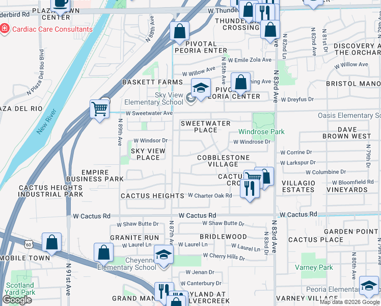map of restaurants, bars, coffee shops, grocery stores, and more near 8628 North 86th Drive in Peoria