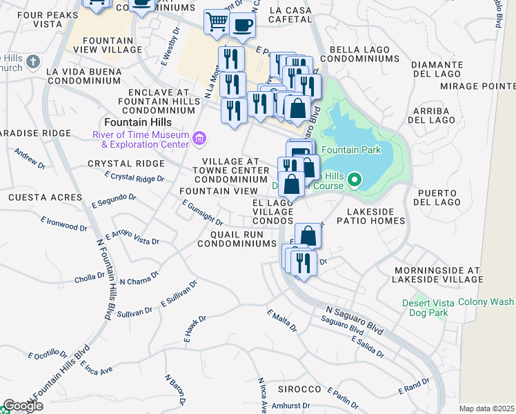 map of restaurants, bars, coffee shops, grocery stores, and more near 16805 East El Lago Boulevard in Fountain Hills