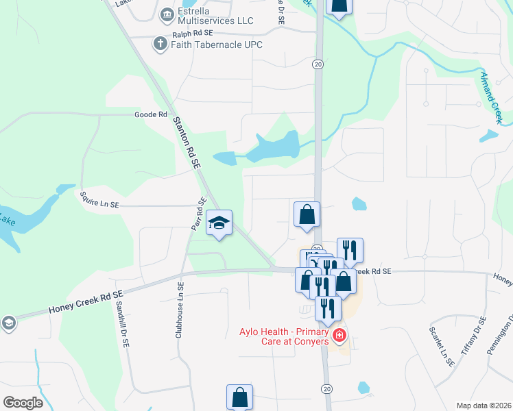 map of restaurants, bars, coffee shops, grocery stores, and more near 855 Sherbrooke Drive Southeast in Conyers
