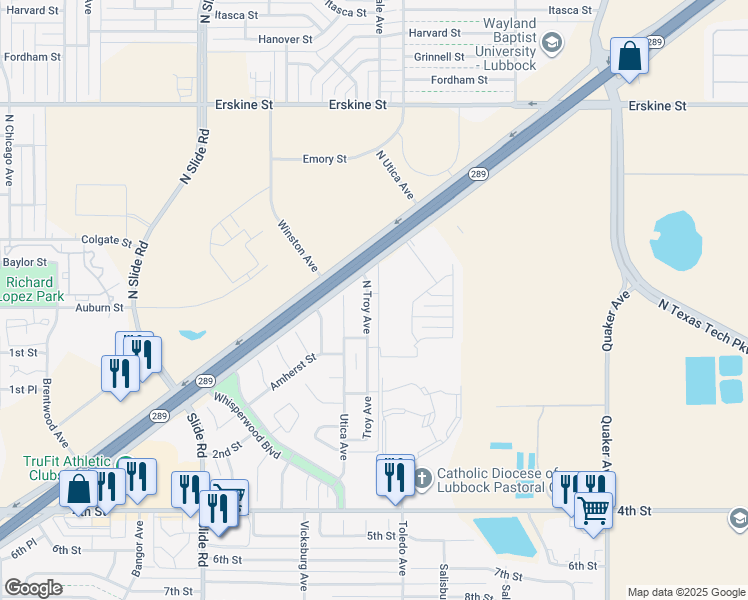 map of restaurants, bars, coffee shops, grocery stores, and more near 21346 Bates in Lubbock