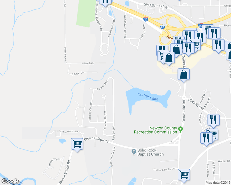 map of restaurants, bars, coffee shops, grocery stores, and more near 9306 Tara Drive Southwest in Covington