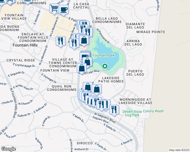 map of restaurants, bars, coffee shops, grocery stores, and more near 17020 East Kiwanis Drive in Fountain Hills