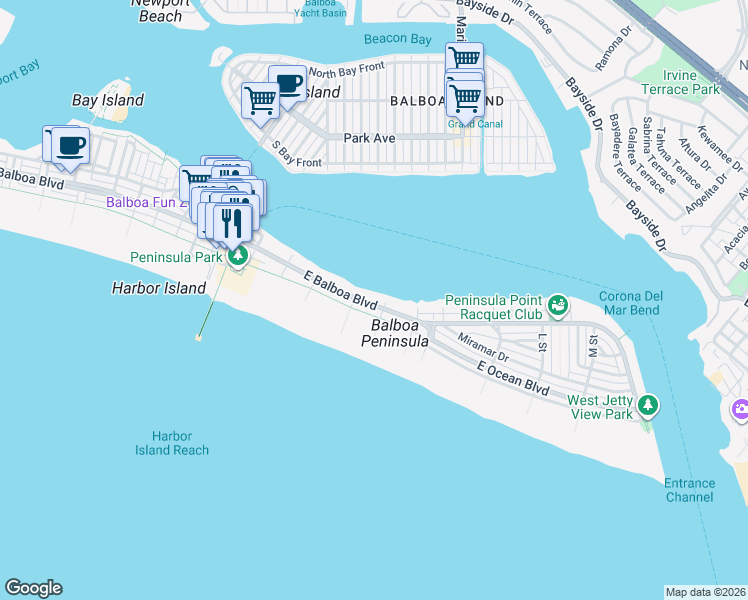 map of restaurants, bars, coffee shops, grocery stores, and more near 1214 East Balboa Boulevard in Newport Beach