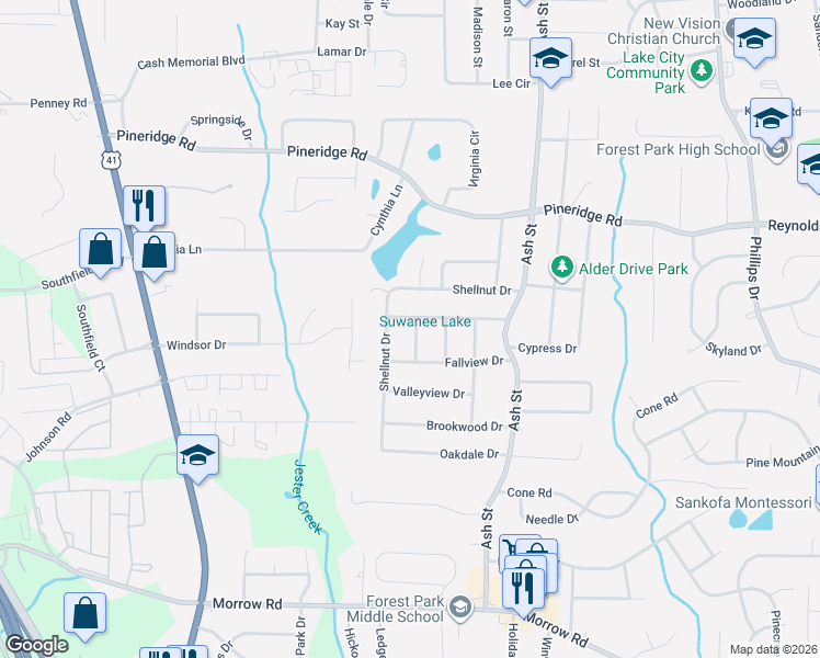 map of restaurants, bars, coffee shops, grocery stores, and more near 5655 Dorsey Drive in Forest Park