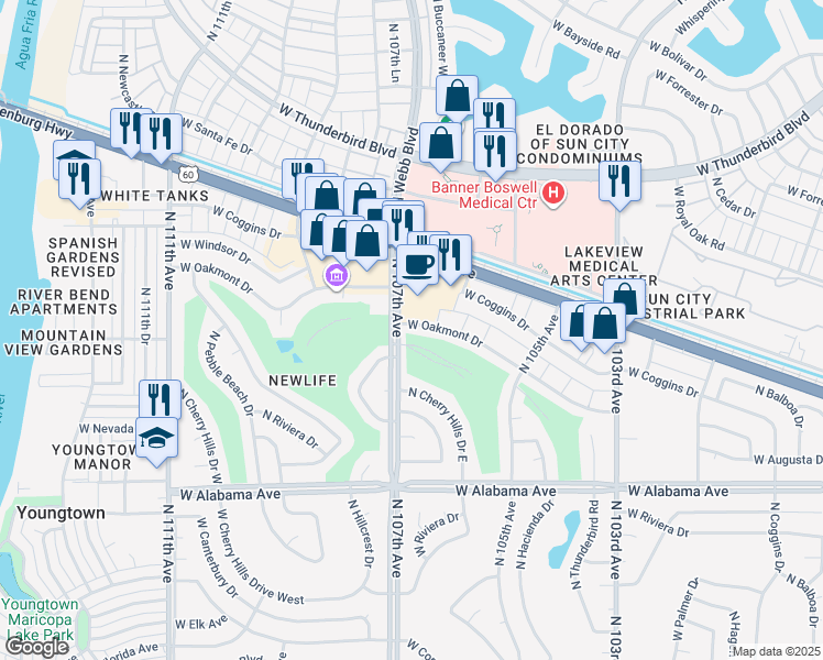 map of restaurants, bars, coffee shops, grocery stores, and more near 10645 West Oakmont Drive in Sun City