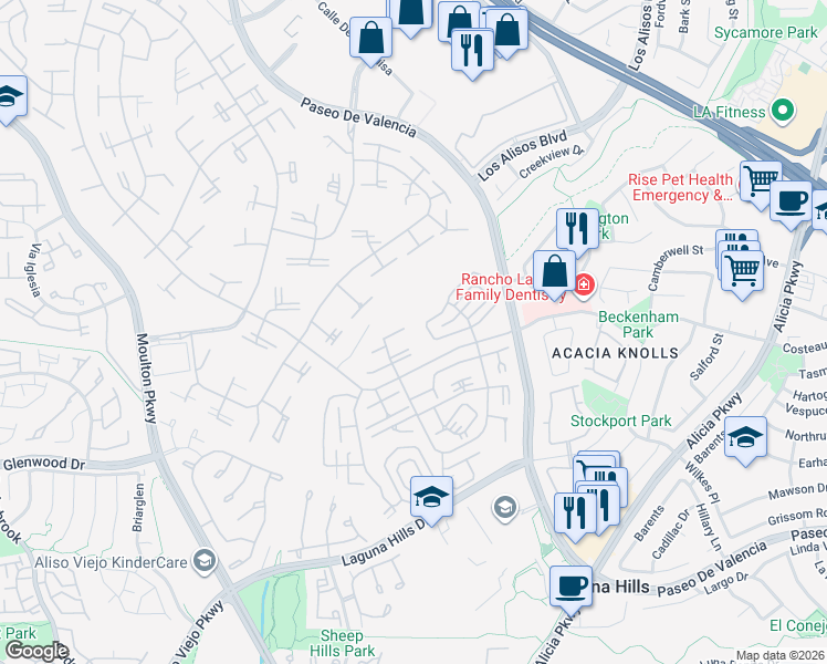 map of restaurants, bars, coffee shops, grocery stores, and more near 616 Avenida Sevilla in Laguna Woods