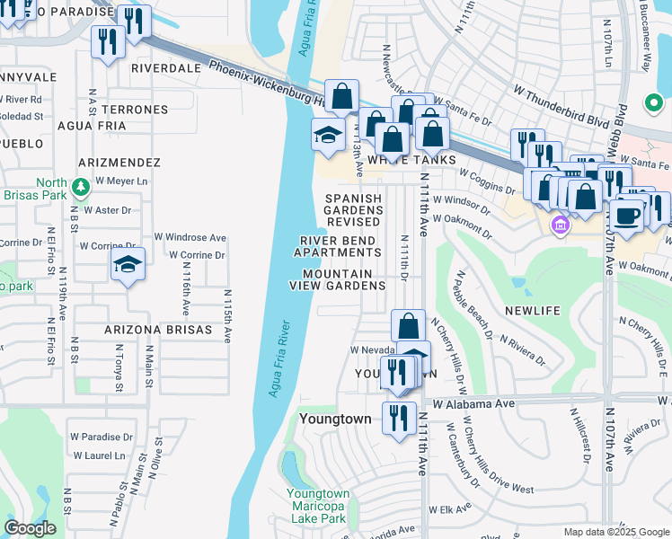 map of restaurants, bars, coffee shops, grocery stores, and more near 11350 West Tennessee Avenue in Youngtown