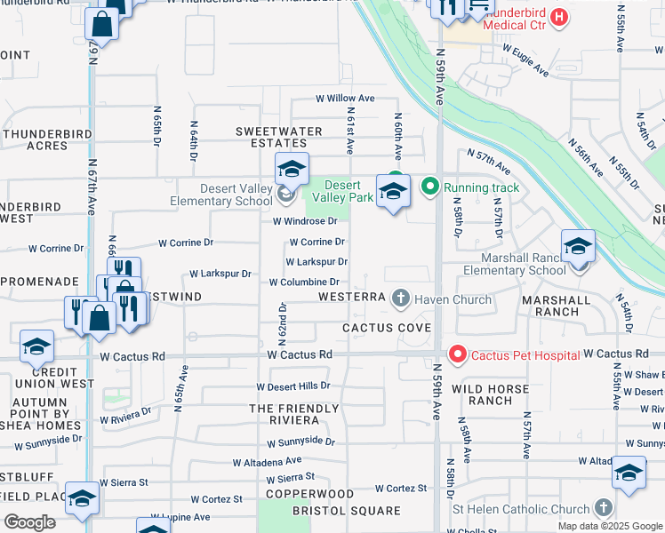 map of restaurants, bars, coffee shops, grocery stores, and more near 6113 West Larkspur Drive in Glendale
