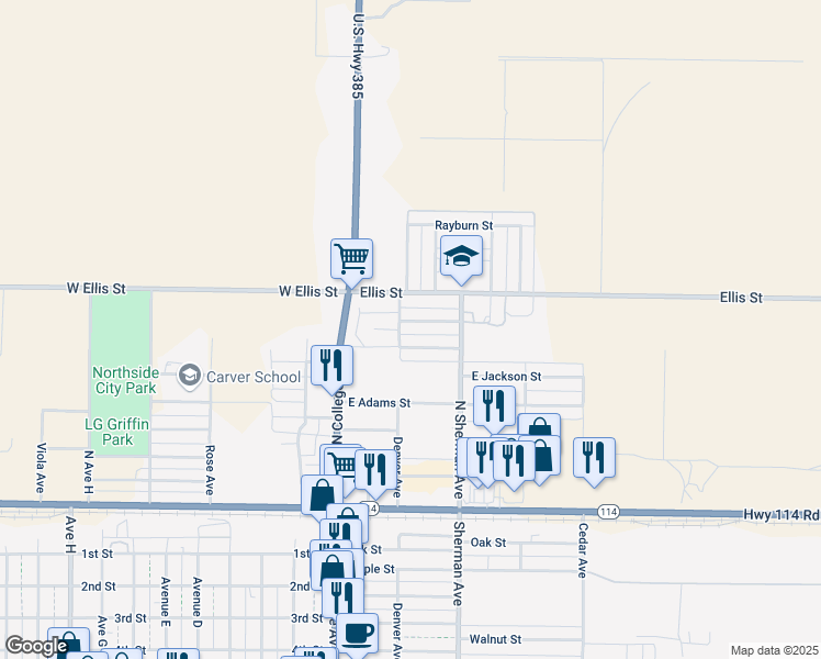 map of restaurants, bars, coffee shops, grocery stores, and more near 304 Michael Street in Levelland