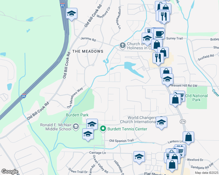 map of restaurants, bars, coffee shops, grocery stores, and more near 2997 Falling Water Point in Atlanta