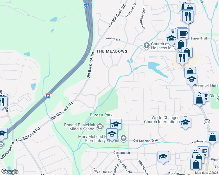 map of restaurants, bars, coffee shops, grocery stores, and more near 2790 The Meadows Way in College Park