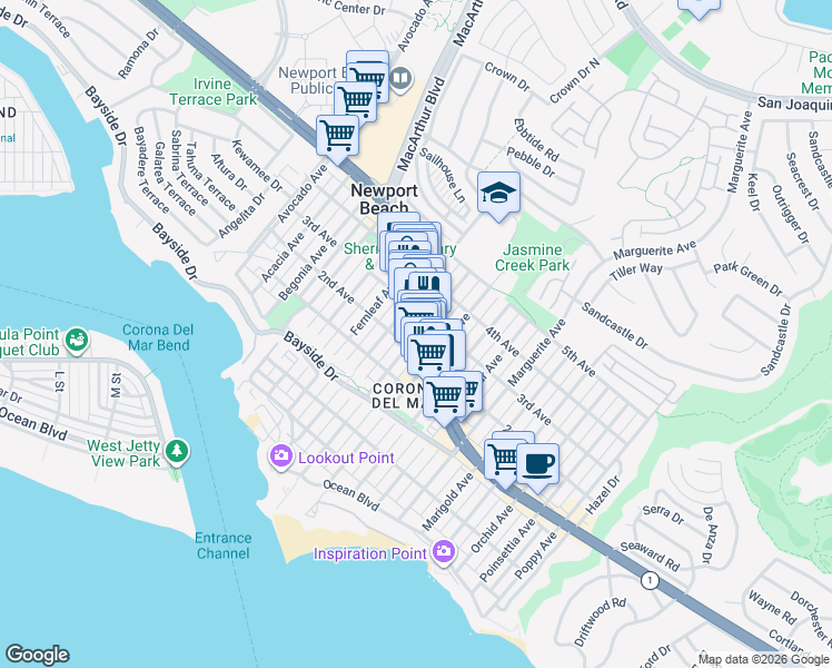 map of restaurants, bars, coffee shops, grocery stores, and more near 2865 East Coast Highway in Newport Beach