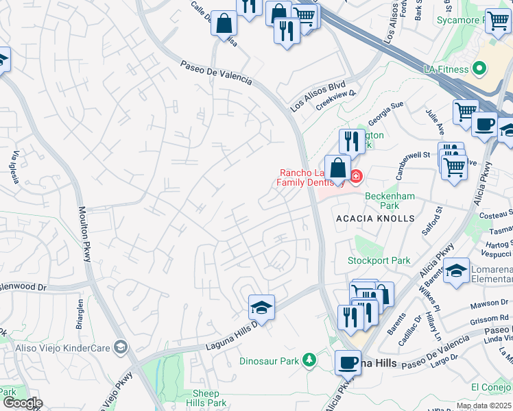 map of restaurants, bars, coffee shops, grocery stores, and more near 629 Avenida Sevilla in Laguna Woods