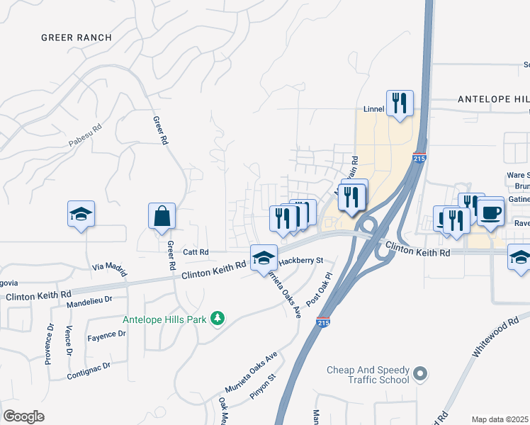 map of restaurants, bars, coffee shops, grocery stores, and more near 27400 Clarise Lane in Murrieta