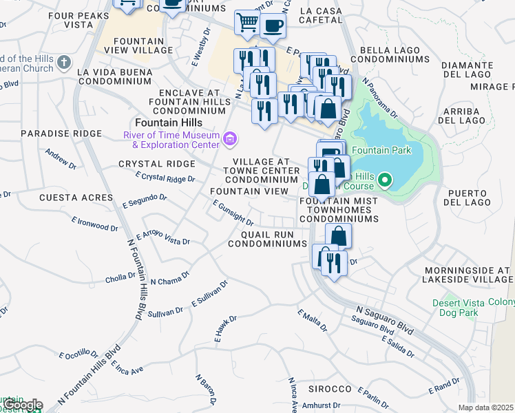 map of restaurants, bars, coffee shops, grocery stores, and more near 16714 East Gunsight Drive in Fountain Hills