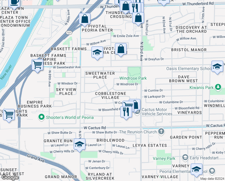 map of restaurants, bars, coffee shops, grocery stores, and more near 8439 West Corrine Drive in Peoria
