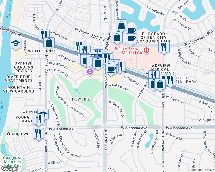 map of restaurants, bars, coffee shops, grocery stores, and more near 10645 West Oakmont Drive in Sun City