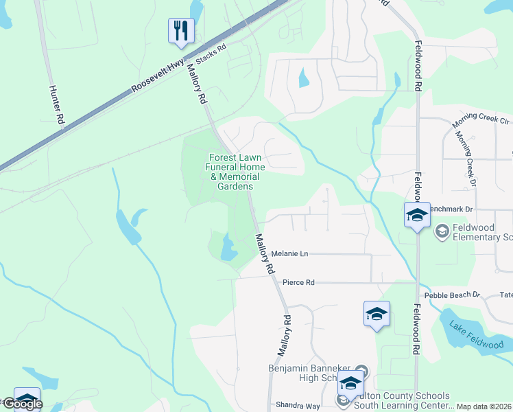 map of restaurants, bars, coffee shops, grocery stores, and more near 5710 Mallory Road in College Park
