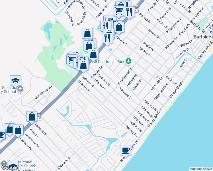 map of restaurants, bars, coffee shops, grocery stores, and more near 613 14th Avenue South in Surfside Beach