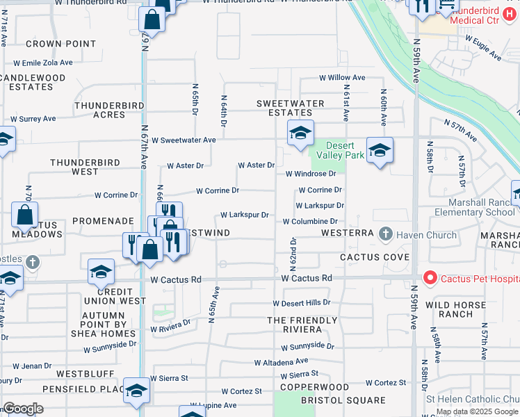 map of restaurants, bars, coffee shops, grocery stores, and more near 6314 West Larkspur Drive in Glendale
