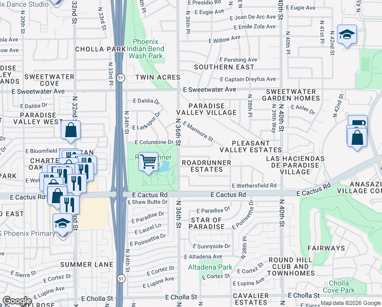 map of restaurants, bars, coffee shops, grocery stores, and more near 3622 East Bloomfield Road in Phoenix
