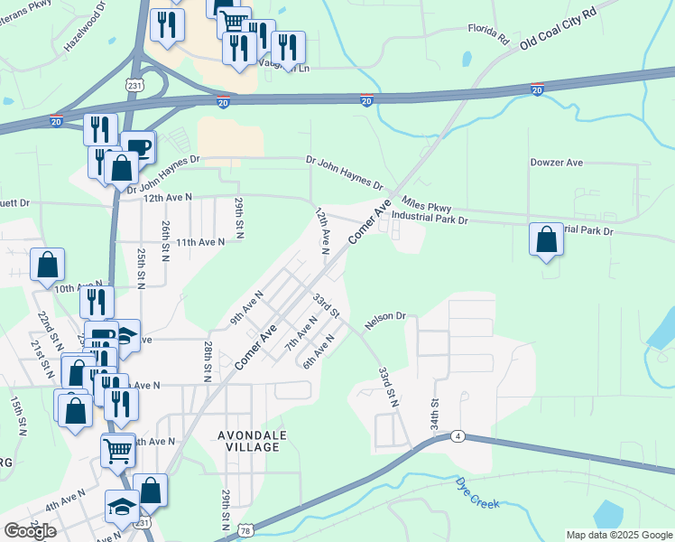 map of restaurants, bars, coffee shops, grocery stores, and more near 1000 Comer Avenue in Pell City