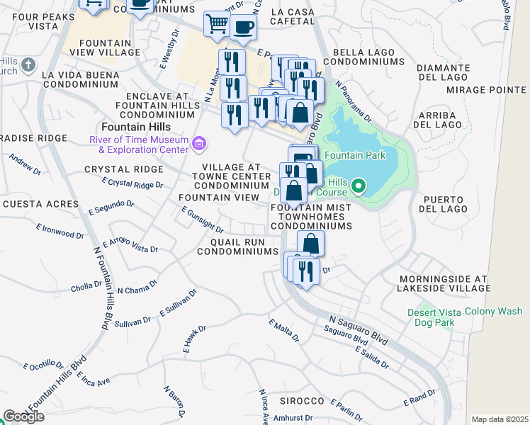 map of restaurants, bars, coffee shops, grocery stores, and more near 16811 East El Lago Boulevard in Fountain Hills