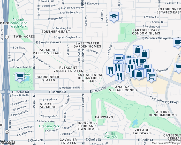 map of restaurants, bars, coffee shops, grocery stores, and more near 4034 East Bloomfield Road in Phoenix