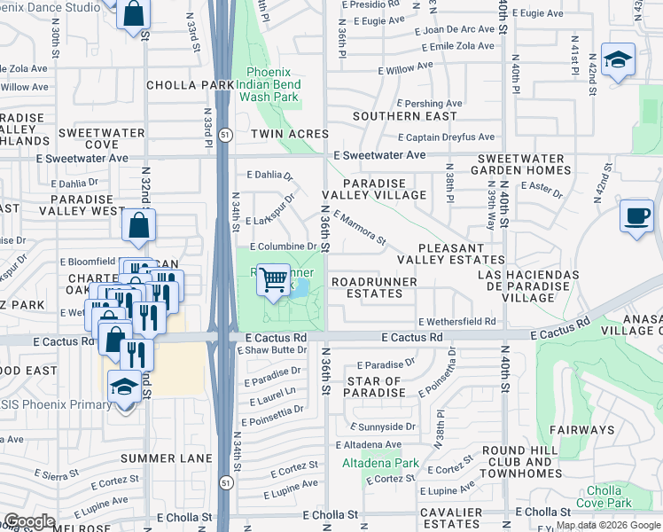 map of restaurants, bars, coffee shops, grocery stores, and more near 3602 East Bloomfield Road in Phoenix