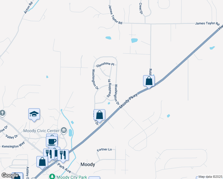 map of restaurants, bars, coffee shops, grocery stores, and more near 2136 Spaulding Place in Moody