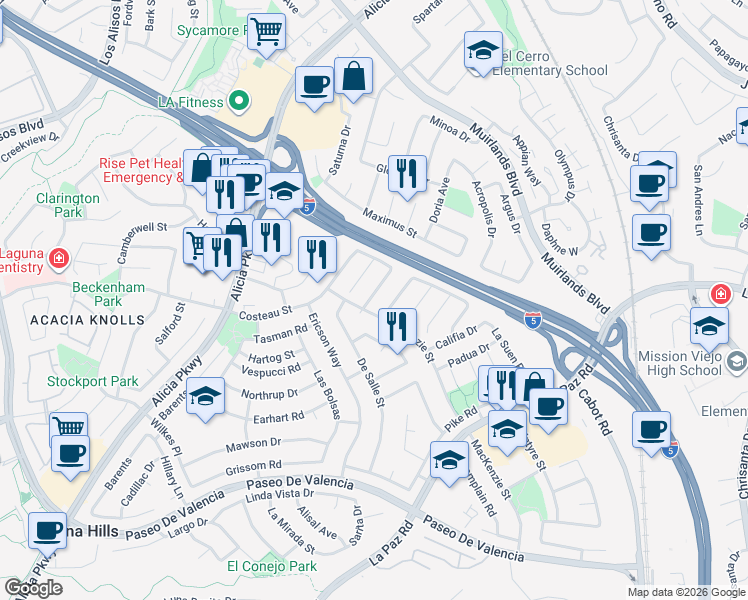 map of restaurants, bars, coffee shops, grocery stores, and more near 24956 Wells Fargo Drive in Laguna Hills