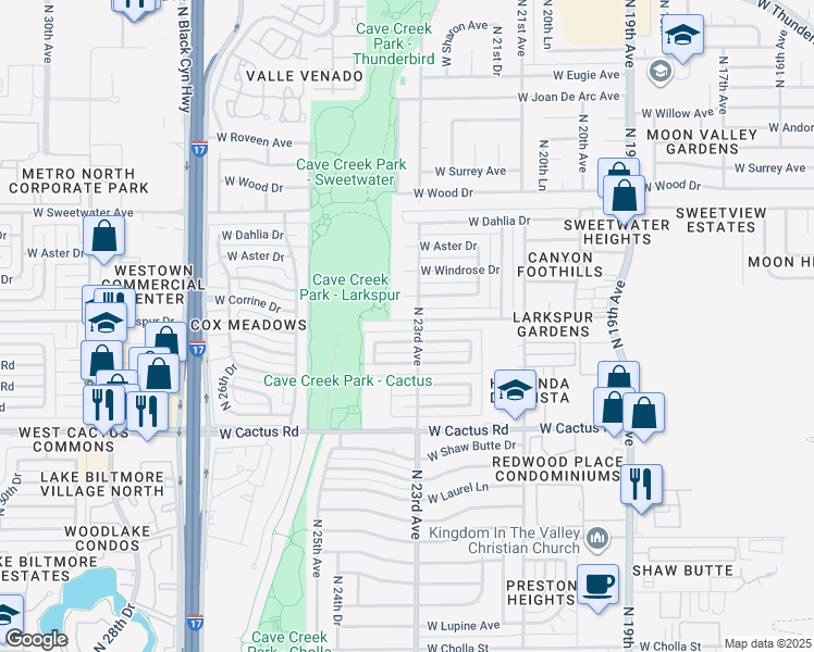 map of restaurants, bars, coffee shops, grocery stores, and more near 2309 West Larkspur Drive in Phoenix
