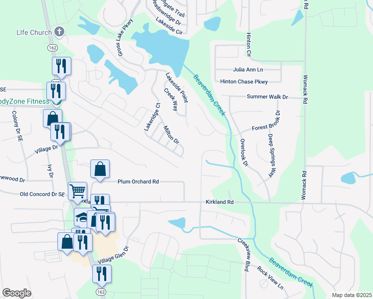 map of restaurants, bars, coffee shops, grocery stores, and more near 445 Milton Drive in Covington