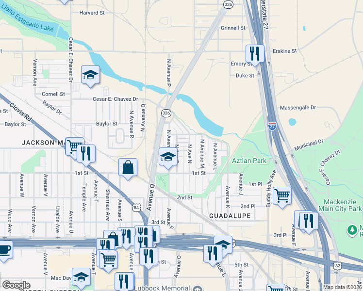map of restaurants, bars, coffee shops, grocery stores, and more near 1501 Bates Street in Lubbock